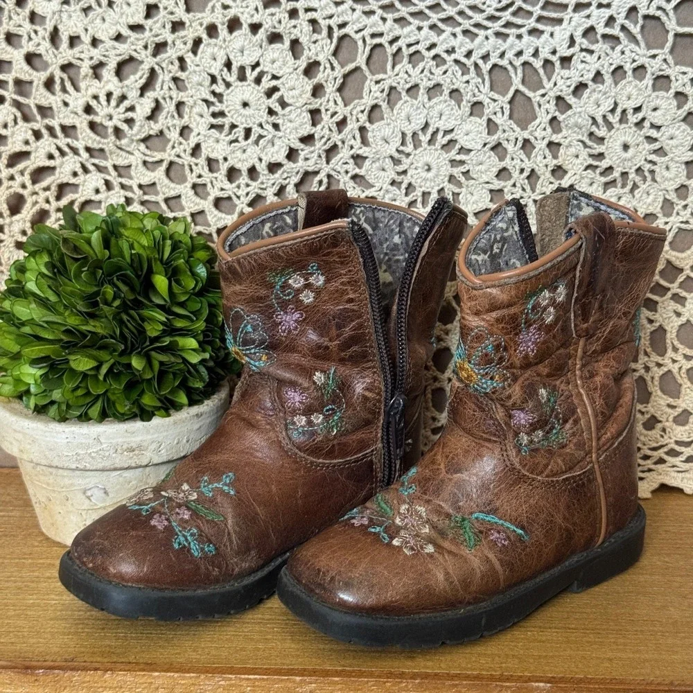 Shyanne Girls Cowboy Boots Square Toe Embroidered Flowers Brown Size 7D Western